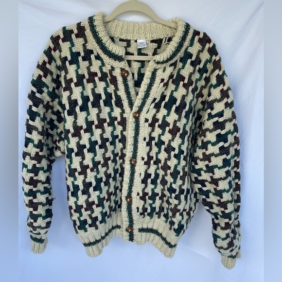 Handmade in Ecuador Chunky Wool Houndstooth Cardigan Oversized - Picture 2 of 5